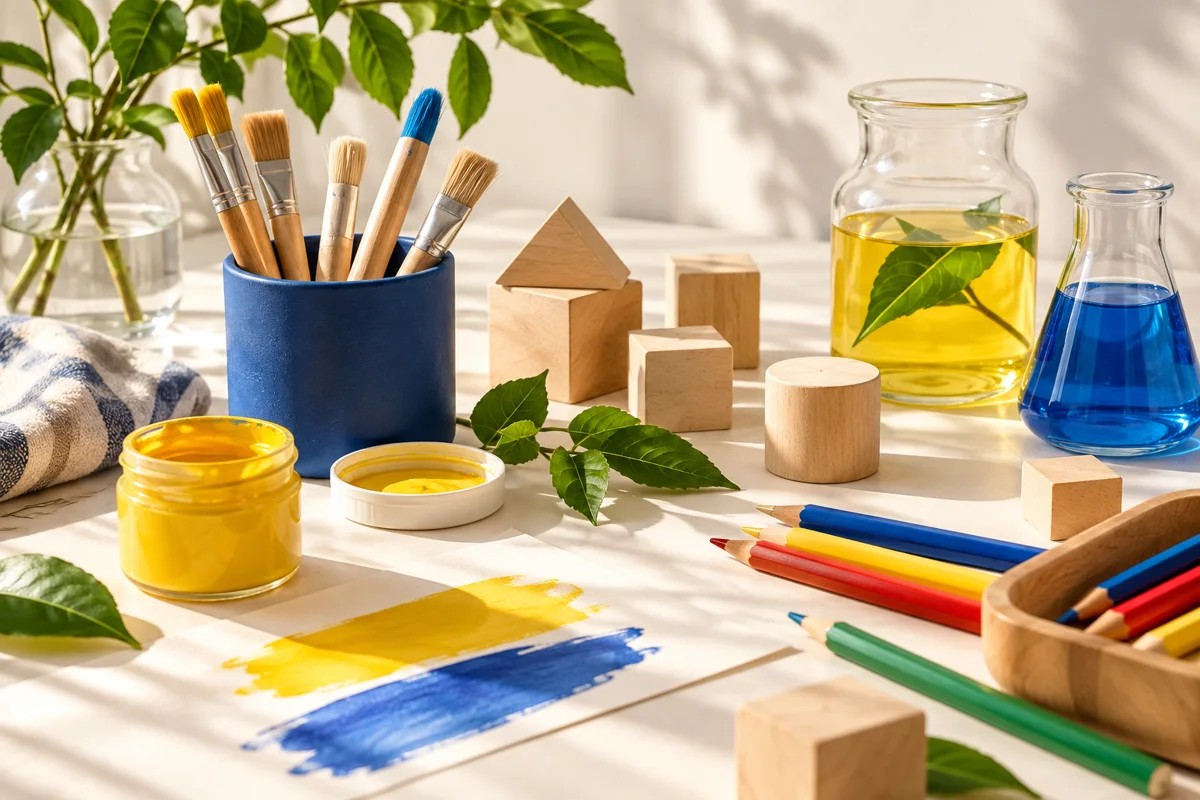 Illustrative still life of paintbrushes, wooden blocks, and colorful science materials
